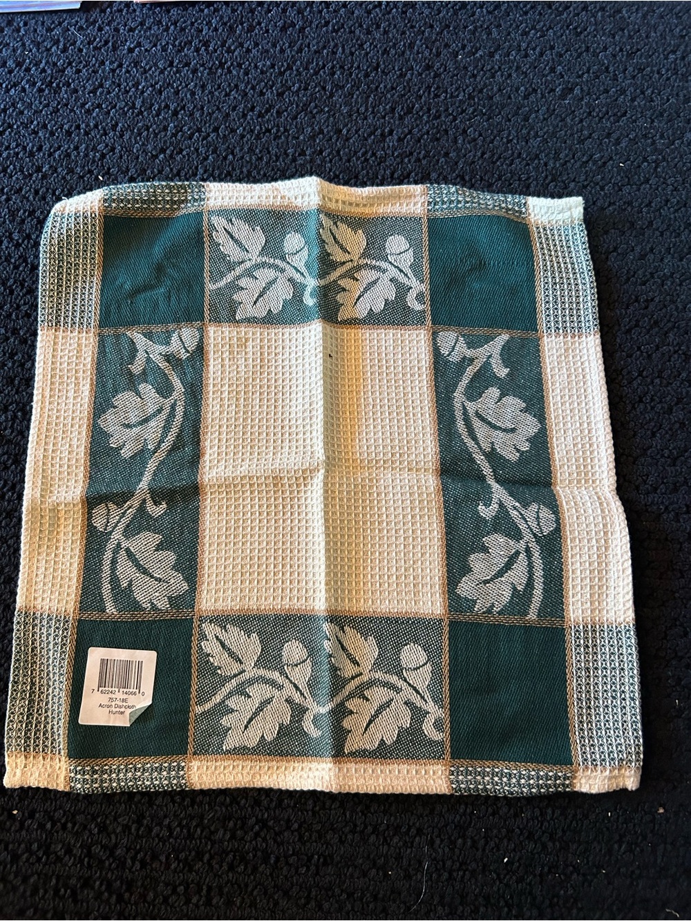 Green and Cream Waffle Dish Towel with Acorn Border